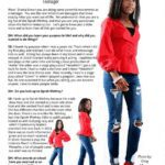 A woman modeling a red jacket and blue jeans in two poses.