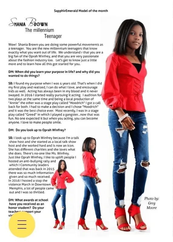 A woman modeling a red jacket and blue jeans in two poses.