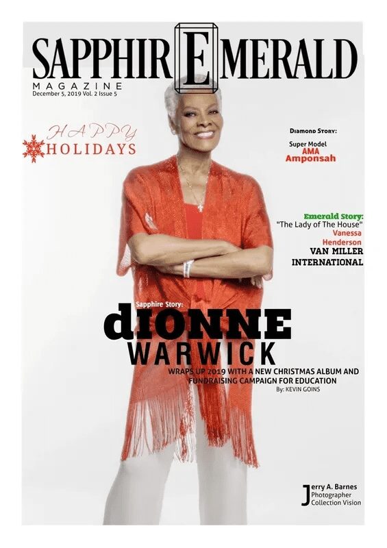 Dionne Warwick smiles confidently on the magazine cover in an orange top.