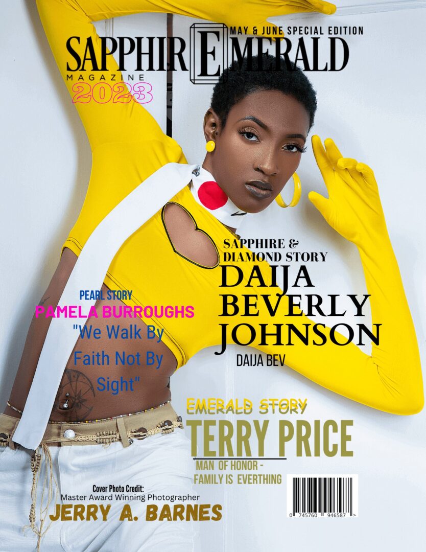 Daja Beverly Johnson poses elegantly on a magazine cover with bold yellow gloves and a stylish white outfit.