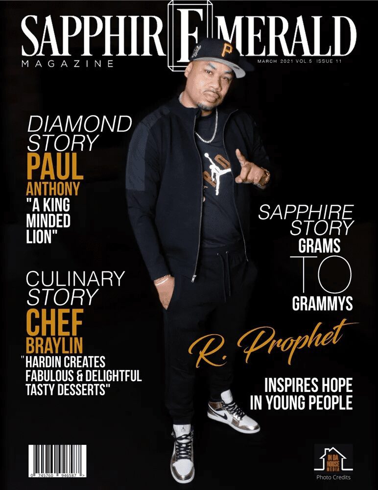Magazine cover featuring a man, highlighting stories on diamond, culinary chef, and sapphire grams.