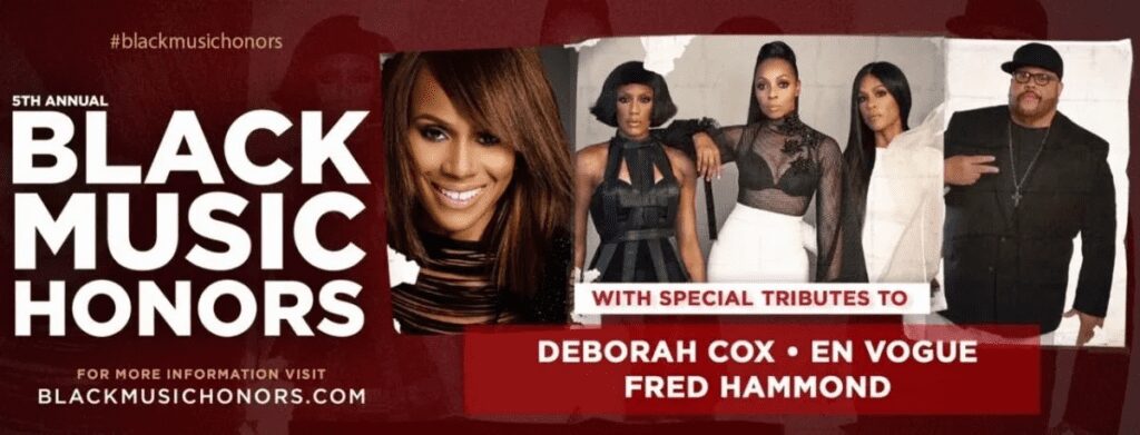 Promotional banner featuring Debora Cox and Fred Hammond.