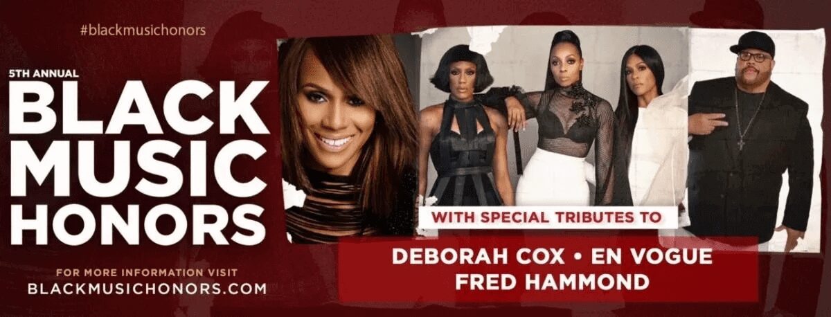 Promotional banner featuring Debora Cox and Fred Hammond.
