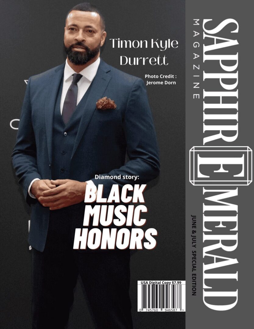 Magazine cover featuring a man in a suit holding an award for Black Music Honors.