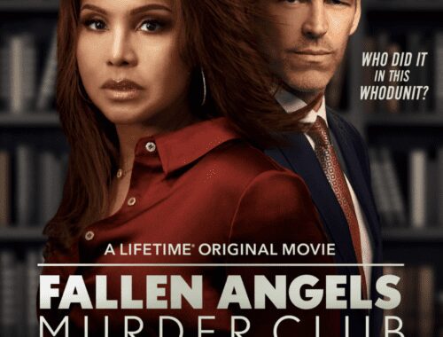 Promotional poster for Lifetime's 'Fallen Angels Murder Club' featuring two serious leads.