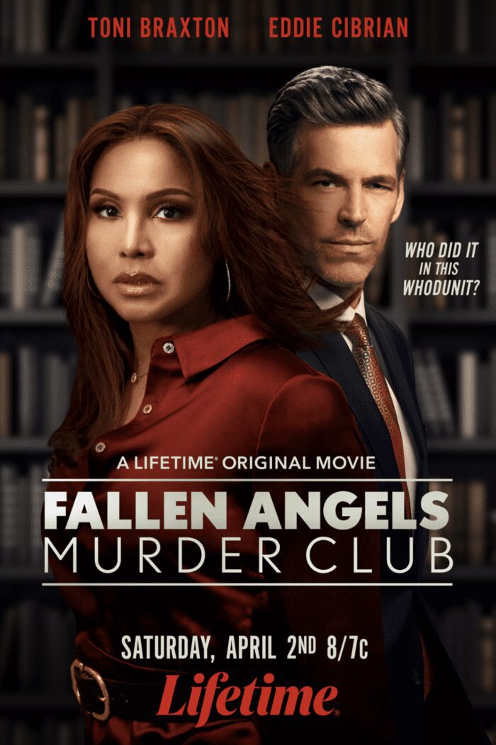 Promotional poster for Lifetime's 'Fallen Angels Murder Club' featuring two serious leads.
