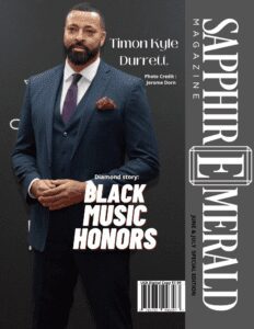 A well-dressed man poses on Sapphire Emerald Magazine cover for Black Music Honors.