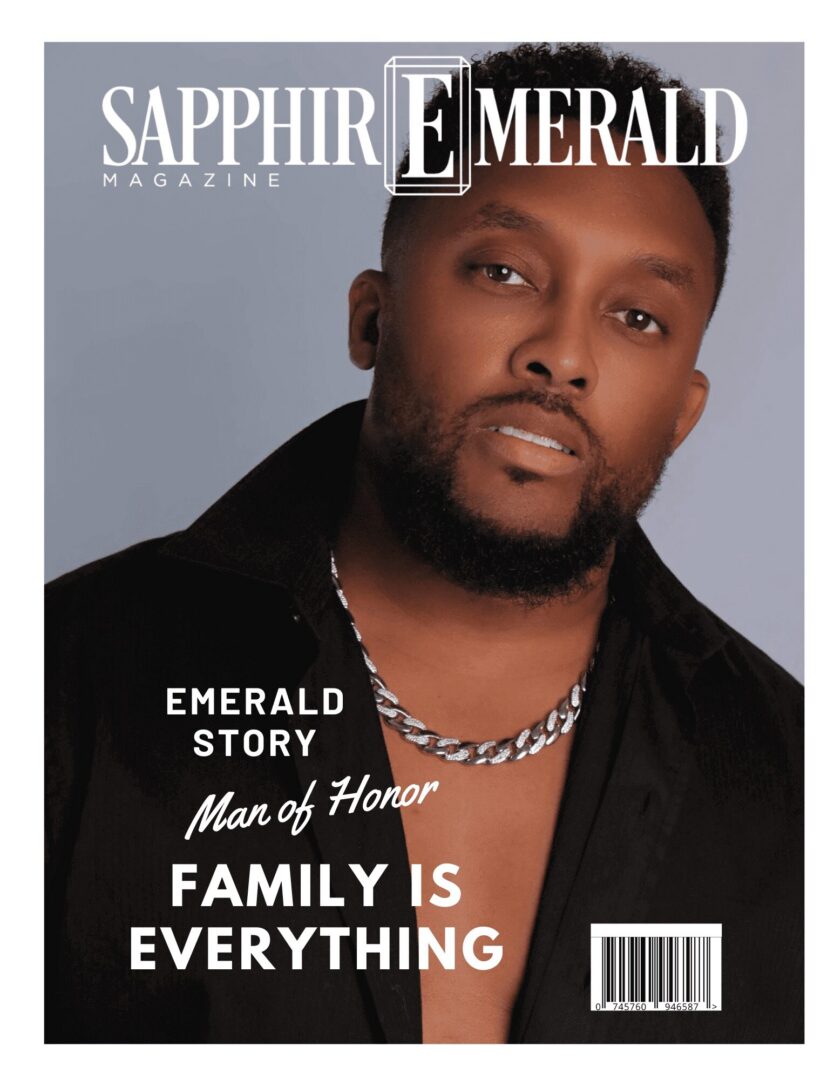 Magazine cover featuring a confident man with a beard and chain necklace.